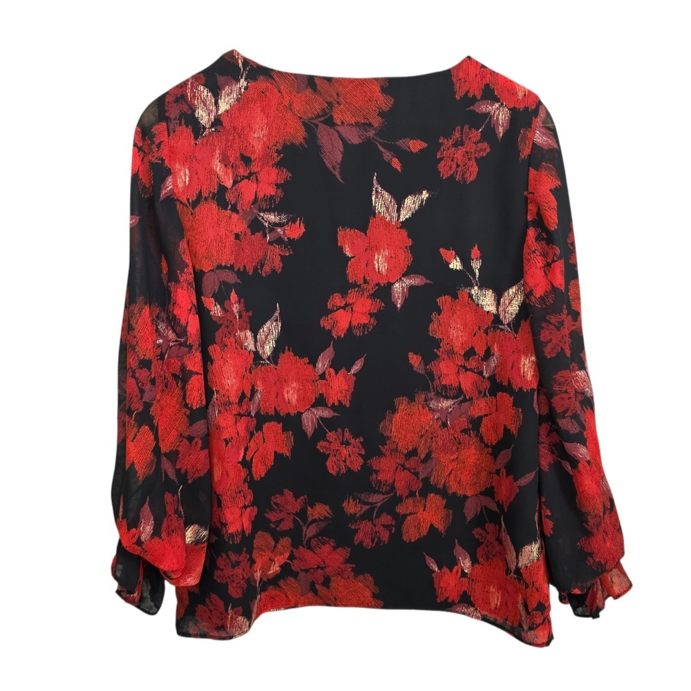 Vince Camuto Top Womens Medium Red Black Floral Print V Neck Blouse Lined Casual - Picture 6 of 7